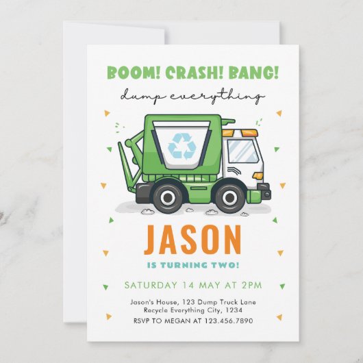 Garbage Truck Birthday Einladung Müll Party (Vorderseite)