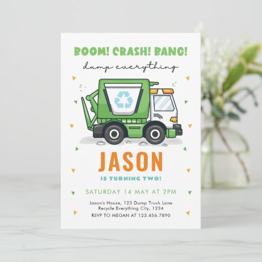 Garbage Truck Birthday Einladung Müll Party (Stehend Vorderseite)