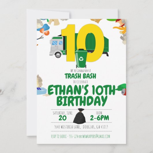Garbage Truck Birthday Garbage Truck 10. Geburtsta Einladung (Vorderseite)