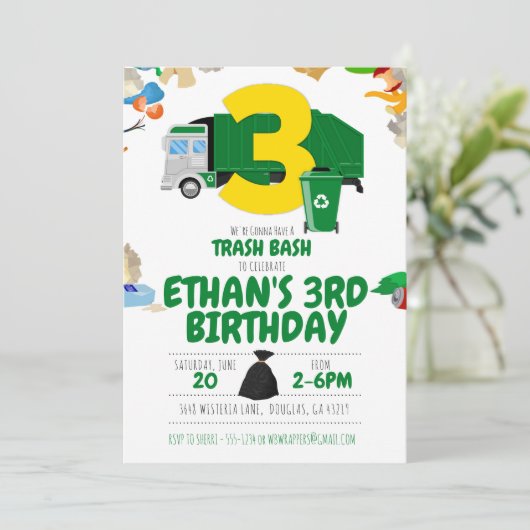 Garbage Truck Birthday, Garbage Truck 3. Geburtsta Einladung (Stehend Vorderseite)