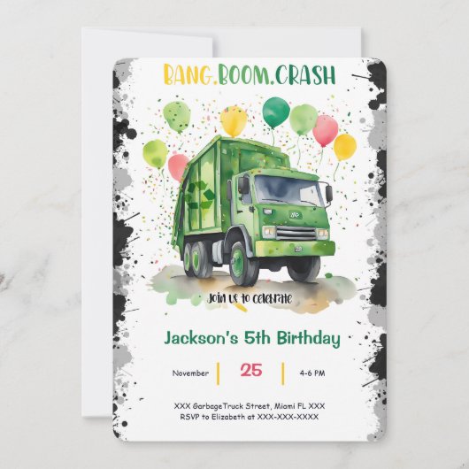 Garbage Truck Birthday Party Einladung (Vorderseite)