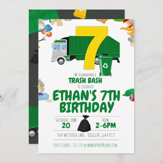 Garbage Truck Geburtstag, Garbage Truck 7. Geburts Einladung (Vorne/Hinten)