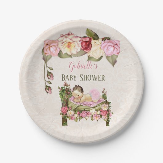 Garden Baby Dusche Bed Rose Girl Pink Ivory Pappteller (Vorderseite)
