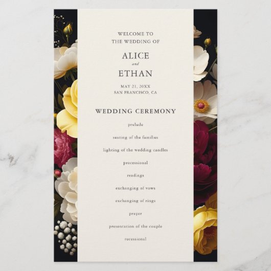 Garden Blooms Elegantes Dark Wedding Programm (Vorderseite)
