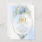 Garden Blue Floral Gold 80th Birthday Invitation Einladung (Vorderseite)