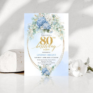 Garden Blue Floral Gold 80th Birthday Invitation Einladung