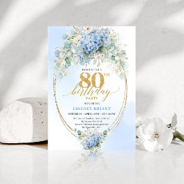 Garden Blue Floral Gold 80th Birthday Invitation Einladung