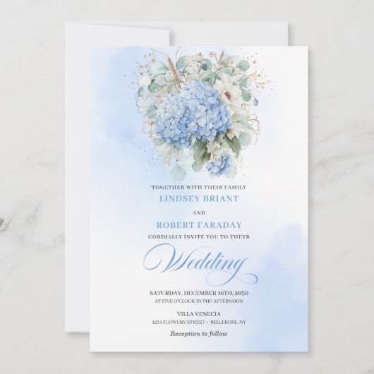 Garden Blue Hydrangea Eucalyptus Wedding Invitе Einladung (Vorderseite)