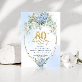 Garden Blue Hydrangea Gold 80th Birthday Invites Einladung