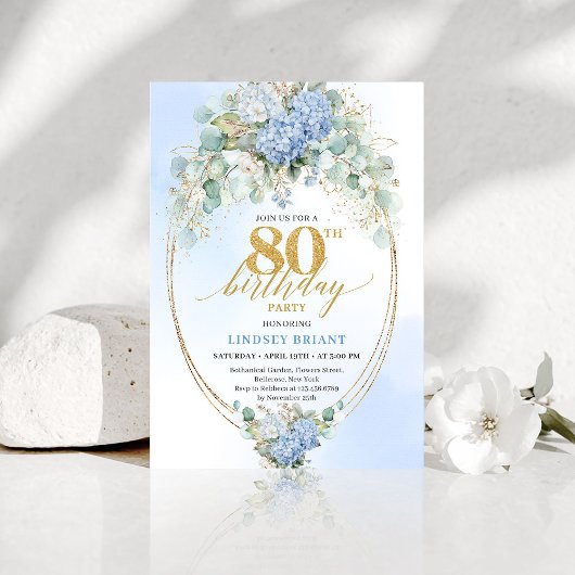Garden Blue Hydrangea Gold 80th Birthday Invites Einladung