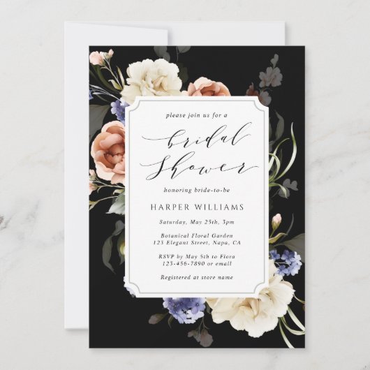 Garden Blumenrahmen Brautparty Schwarz Einladung (Vorderseite)