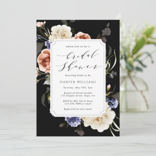 Garden Blumenrahmen Brautparty Schwarz Einladung (Stehend Vorderseite)