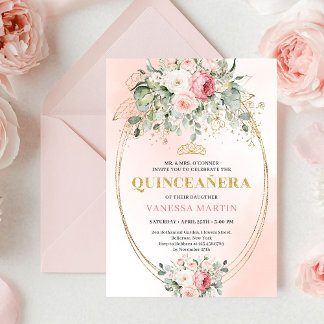 Garden Blush Pink Boho Quinceañera Floral Invite Einladung