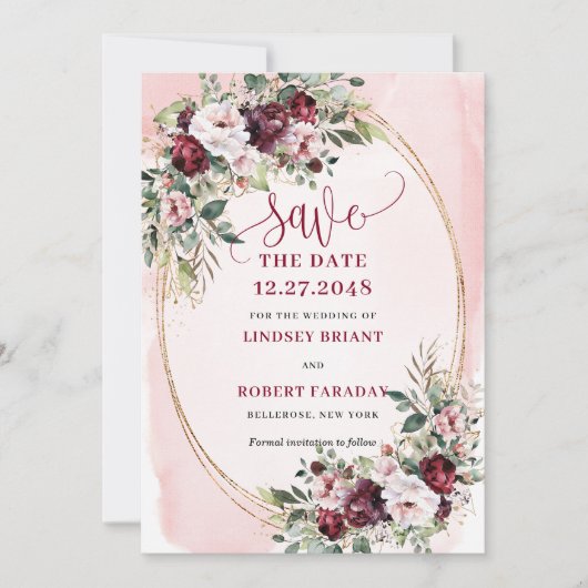 Garden Boho Burgundy Blush Gold Roses Save Date Einladung (Vorderseite)