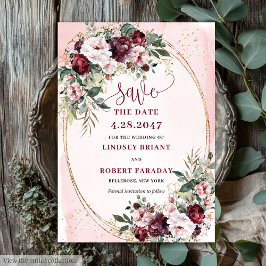 Garden Boho Burgundy Blush Gold Roses Save Date Einladung
