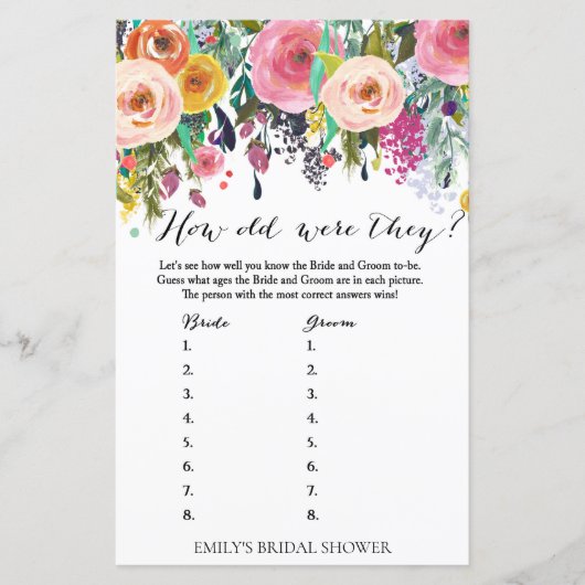 Garden Brautparty Game - Wie alt waren sie? (Vorderseite)