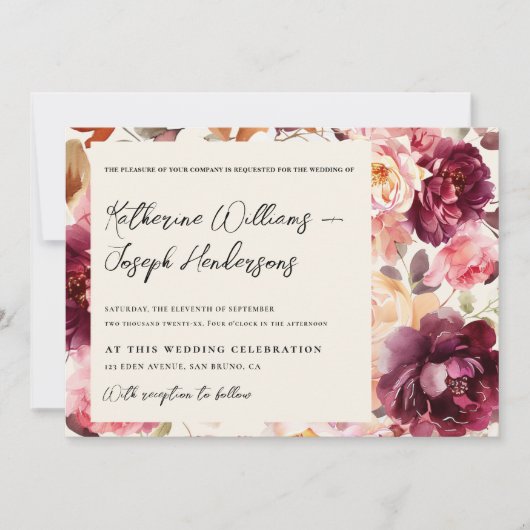 Garden Burgundy Script calligraphy Details Wedding Einladung (Vorderseite)