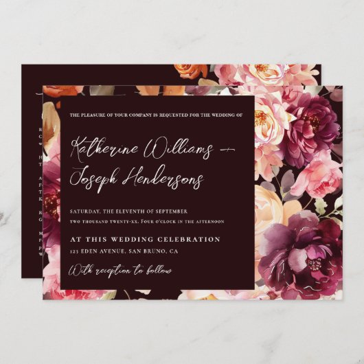 Garden Burgundy Script calligraphy Details Wedding Einladung (Vorne/Hinten)