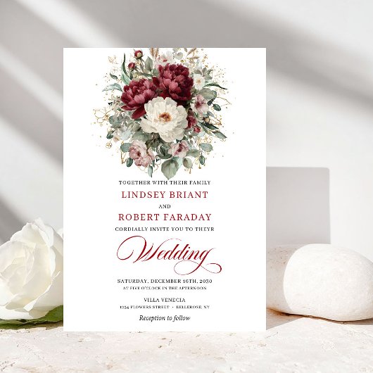 Garden Burgundy White Floral Wedding Invitation Einladung