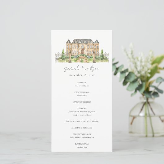 Garden Chateau Watercolor Hochzeitsprogramm Karte (Stehend Vorderseite)
