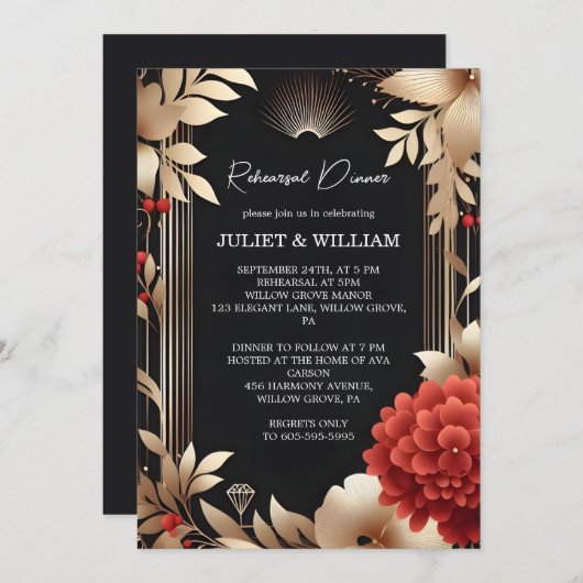 Garden Diamond Red Black and Gold Probe Dinner Einladung (Vorne/Hinten)