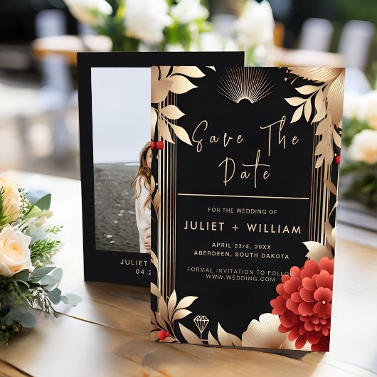 Garden Diamond Red Black and Gold Wedding Save The Date