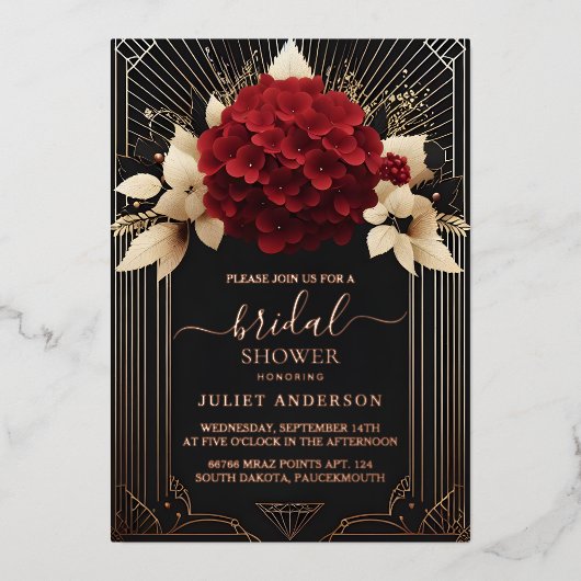 Garden Diamond Rot Schwarz und Gold Brautparty Folieneinladung (Vorderseite)