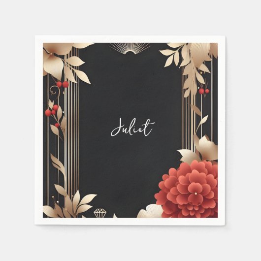 Garden Diamond Rot Schwarz und Gold Brautparty Serviette (Vorderseite)
