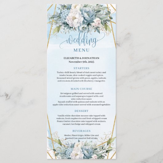 Garden Dusty Blue Eucalyptus Floral Wedding Menu Menükarte (Vorderseite)