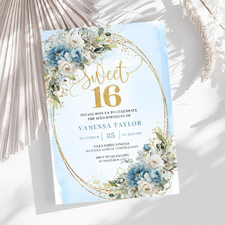 Garden Dusty Blue Floral Sweet 16th Birthday   Einladung
