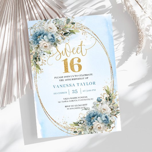 Garden Dusty Blue Floral Sweet 16th Birthday   Einladung