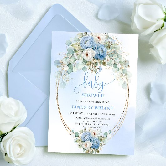 Garden Dusty Blue Flowers Greenery Baby Shower Einladung