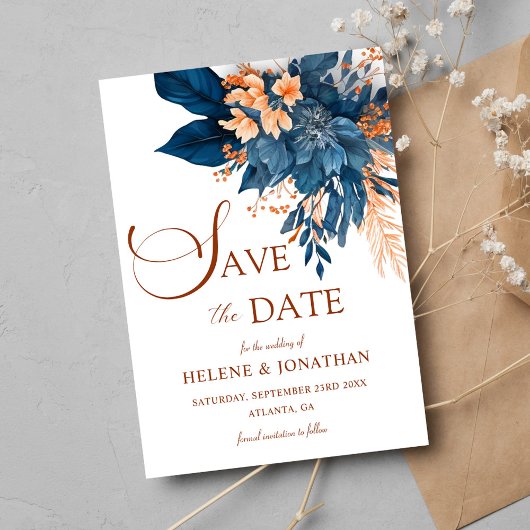 Garden Elegant Navy Blue Orange Floral Wedding Save The Date