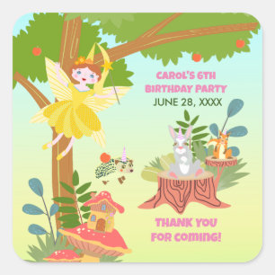 Garden Fairy mit Tierfreunden Geburtstagsparty Quadratischer Aufkleber