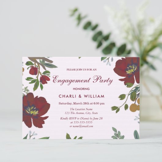 Garden Floral Burgundy Engagement Party einladen Einladung (Stehend Vorderseite)