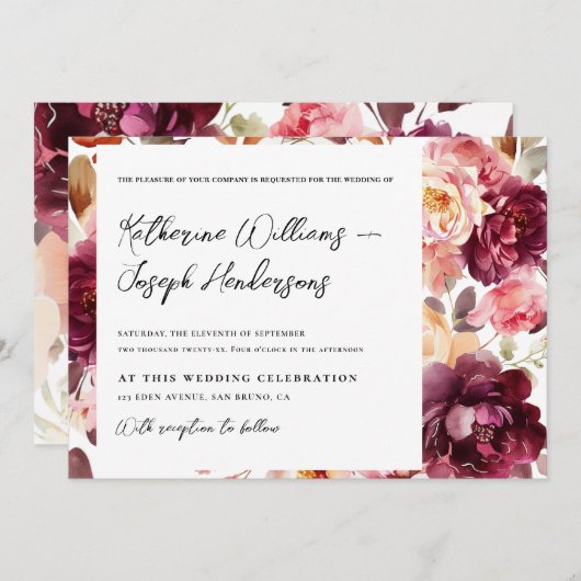 Garden Floral Burgundy Script kalligraphische Hoch Einladung (Vorne/Hinten)