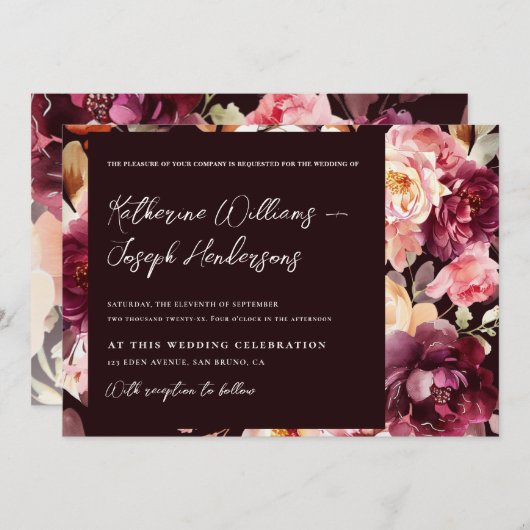 Garden Floral Burgundy Script kalligraphische Hoch Einladung (Vorne/Hinten)