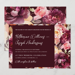 Garden Floral Burgundy Script kalligraphische Hoch Einladung