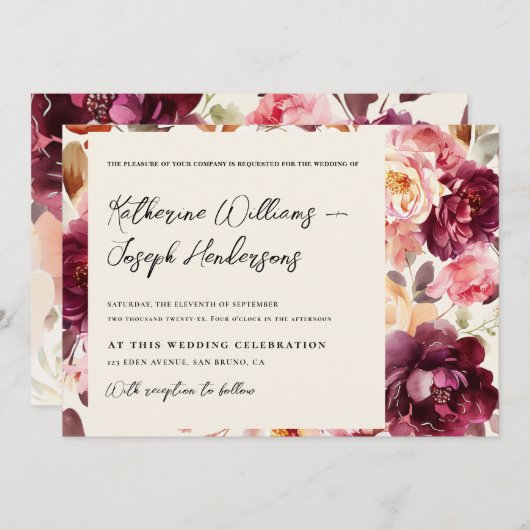 Garden Floral Burgundy Script kalligraphische Hoch Einladung (Vorne/Hinten)