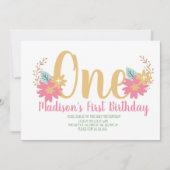 Garden Floral Pink Party Erster Geburtstag Einladung (Vorderseite)