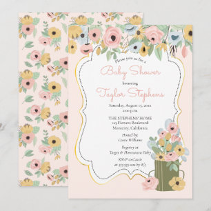 Garden Floral Pink Yellow Bouquet Baby Dusche Einladung