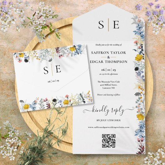 Garden Floral QR Code Elegante Monogram Wedding All In One Einladung