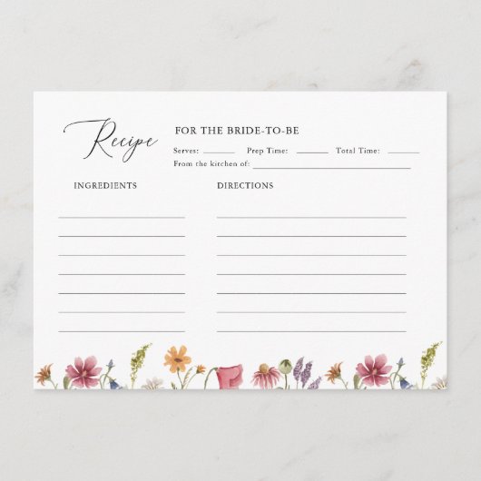 Garden Floral Wildblume Brautparty Rezept Begleitkarte (Vorderseite)