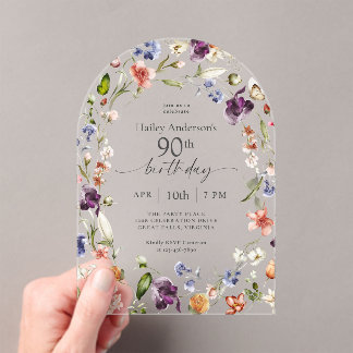Garden Flowers Botanical Script 90th Birthday Acryleinladungen