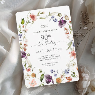 Garden Flowers Botanical Script 90th Birthday Einladung