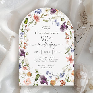 Garden Flowers Botanical Script 90th Birthday Einladung