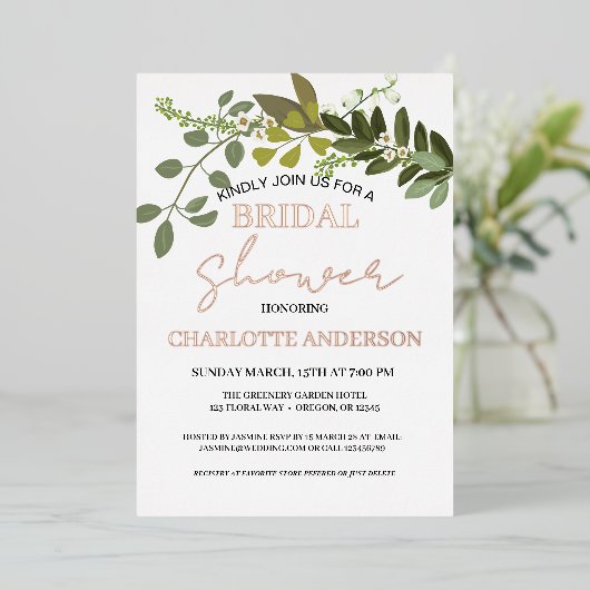 Garden Foliage Grüne Weinreben Brautparty Gold Folieneinladung (Stehend vorne)