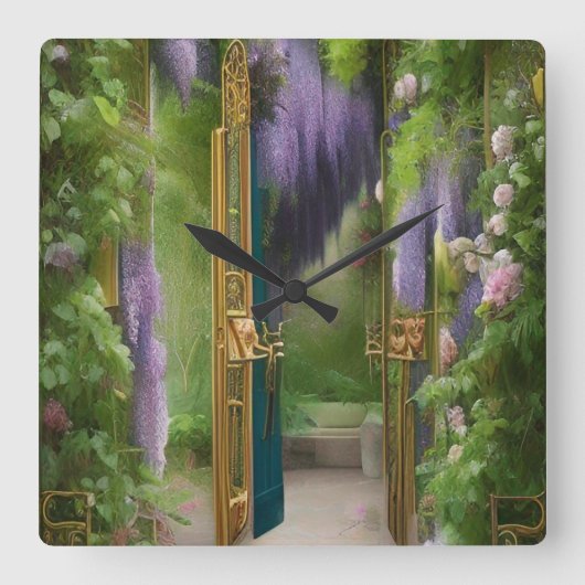 Garden Gate and Wisteria Quadratische Wanduhr (Vorderseite)