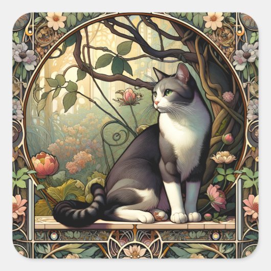 Garden Gateway Art Nouveau Cat Quadratischer Aufkleber (Vorderseite)