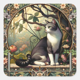 Garden Gateway Art Nouveau Cat Quadratischer Aufkleber